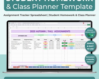 Student Assignment Tracker Spreadsheet, Homework Planner Template, Class Schedule Organizer, Excel Google Sheets College Study Log Template