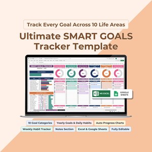 Könnte beinhalten: Eine digitale SMART GOALS Tracker-Vorlage auf einem Laptop-Bildschirm mit farbigen Fortschrittsdiagrammen, Zielkategorien und Abschnitten zur Gewohnheitsverfolgung. Die Benutzeroberfläche enthält Symbole für MS Excel und Google Sheets.