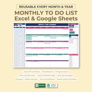 Peut inclure: Un modèle de calendrier de tâches mensuel numérique pour Excel et Google Sheets. L'interface présente une grille avec des lignes codées par couleur, des barres de progression, des objectifs mensuels et une section notes. Texte : REUSABLE EVERY MONTH & YEAR.