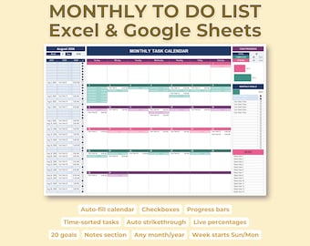 Monthly To Do List Template | Task Tracker Spreadsheet | Excel Google Sheets | Editable Monthly Planner