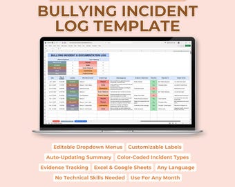 Child Bullying Tracker Google Sheets & Excel | Behavior Report Spreadsheet for School and Home