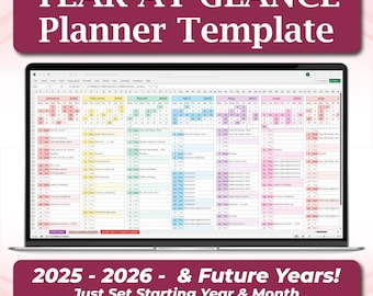 Year at a Glance Calendar Template, Excel Yearly Planner, Auto Updating Calendar, Start Any Month, Google Sheets Planner, Event Calendar