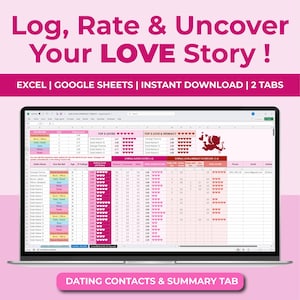 Può includere: Uno schermo di un laptop che mostra un foglio di calcolo con il testo "Log, Rate & Uncover Your LOVE Story!" e "EXCEL | GOOGLE SHEETS | INSTANT DOWNLOAD | 2 TABS". Il foglio di calcolo presenta colonne per i contatti di appuntamenti e i dati di riepilogo, su sfondo rosa.