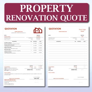 Może przedstawiać: Wyświetlane są dwa kosztorysy renowacji nieruchomości. Górny baner głosi "PROPERTY RENOVATION QUOTE" białym tekstem na bordowym tle. Lewa oferta jest wypełniona szczegółami, a prawa jest pusta, z miejscem na logo.