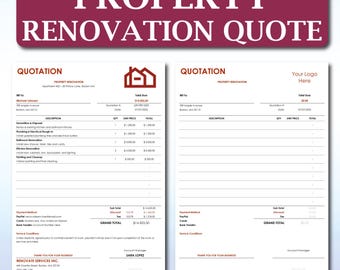 Property Renovation estimate template, Building Work Quote Spreadsheet, Estimate Building Work, Excel & Google Sheets invoice Template