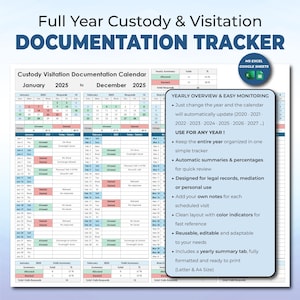 Peut inclure: Un suivi numérique de la garde et des visites pour 2025, conçu pour les dossiers juridiques et l'usage personnel. Comprend des résumés automatiques, une mise en page avec code couleur et un onglet de résumé annuel. Compatible avec MS Excel et Google Sheets.