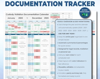 Co-Parenting Documentation Sheet | Custody Documentation Sheet | Custody & Visitation Log Calendar| Full Year Parenting Time Documentation