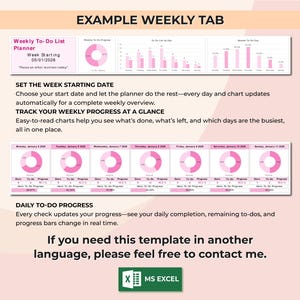 以下が含まれることがあります： ピンクと白の週間 To-Do リストプランナーテンプレート。チャートとグラフが含まれています。テンプレートには、毎日の進捗状況、週ごとの概要、開始日の設定などのセクションが含まれています。「EXAMPLE WEEKLY TAB」というテキストが上部にあります。
