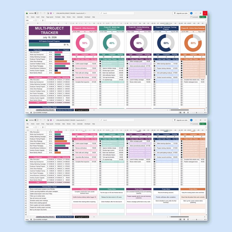 Multiple Projects Tracker - Project Management Template - Excel Google Sheets Planner - Task, Budget & Progress Spreadsheet