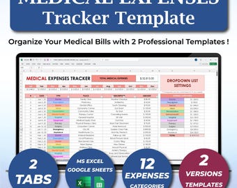 Medical Expenses Tracker Excel Google Sheets | Bill Organizer Tax Deduction Log Healthcare Spreadsheet