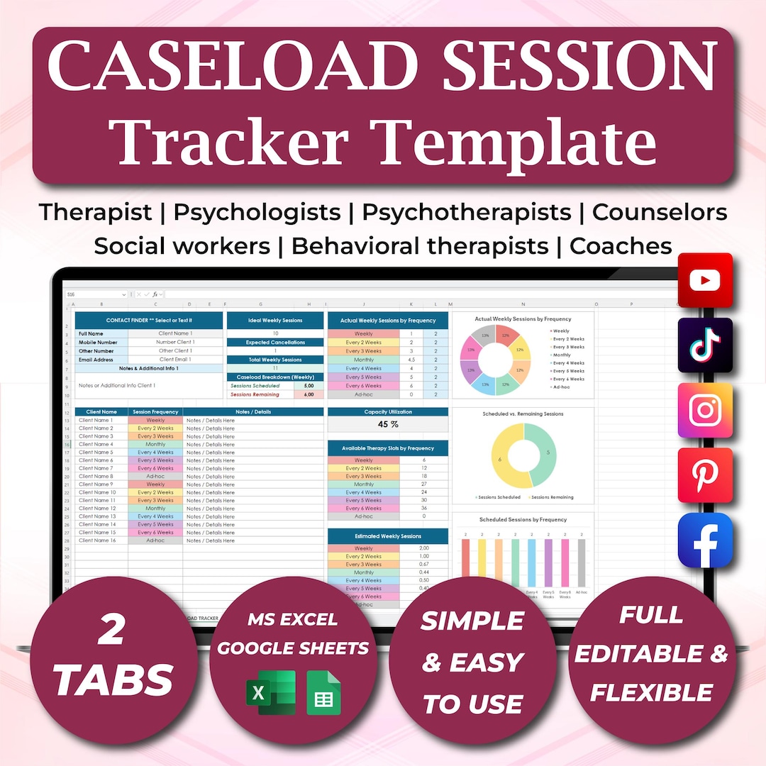 Therapist Caseload Tracker Template, Caseload Tracker Spreadsheet for ...