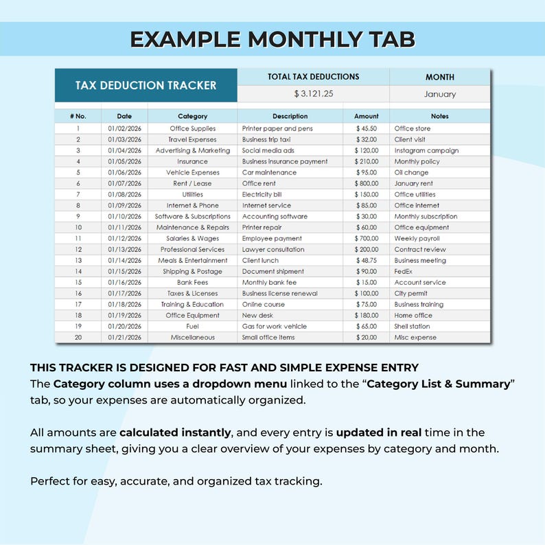 Business Expense & Tax Record Spreadsheet, Deduction Log for Freelancers, Annual Tax Planning Worksheet, Finance Tracker Excel Google Sheets