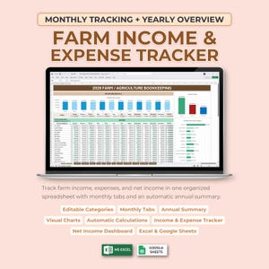 May include: A laptop screen shows a spreadsheet labelled "FARM INCOME & EXPENSE TRACKER" with "MONTHLY TRACKING + YEARLY OVERVIEW" at the top. The spreadsheet is for farm bookkeeping, with monthly tabs and visual charts. It includes editable categories and an annual summary.
