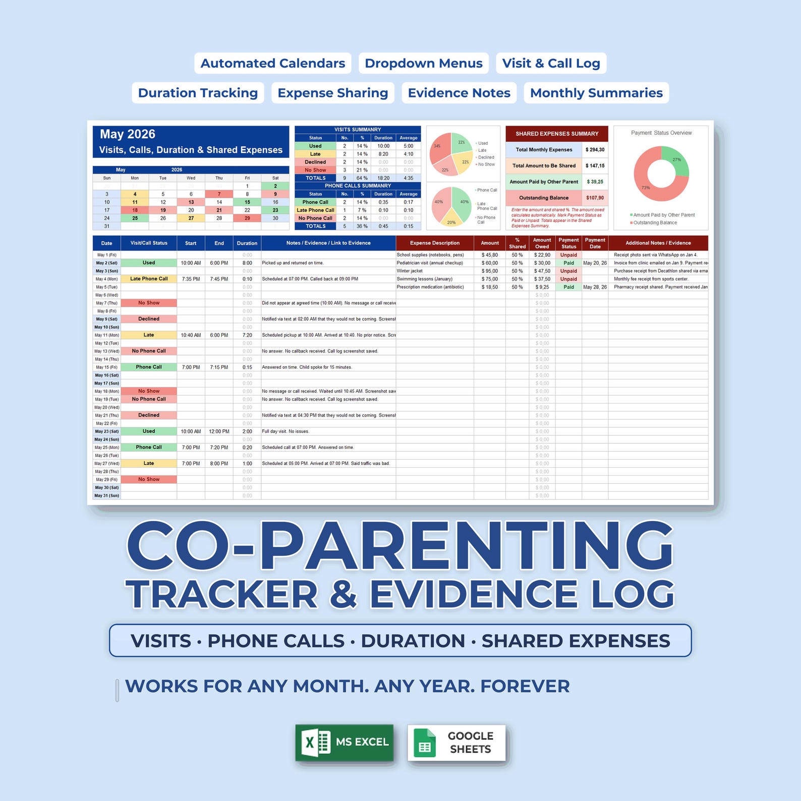 Apc Evidence Log Example Co-parenting Tracker & Evidence Log — Visit Schedule, Phone Calls ...