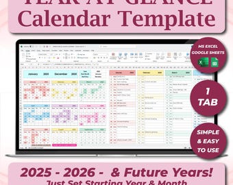 Smart Calendar Spreadsheet Template in Excel, Yearly Calendar Google Sheet, Year at Glance Excel, Schedule Calendar Template, Mini Calendar