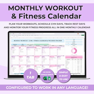 Puede incluir: Una pantalla de portátil muestra un calendario mensual de entrenamiento y fitness. El calendario está diseñado para realizar un seguimiento de los entrenamientos, programar los días de gimnasio y controlar el progreso físico. El texto en la pantalla dice "CALENDARIO MENSUAL DE ENTRENAMIENTO Y FITNESS".