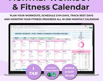 Monthly Workout & Fitness Calendar Spreadsheet | Gym Planner, Habit Progress Tracker for Excel Google Sheets Template | Gym Planner