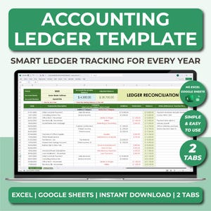 Puede incluir: Una pantalla de portátil muestra una plantilla de libro mayor de contabilidad. La pancarta verde en la parte superior dice "ACCOUNTING LEDGER TEMPLATE". La plantilla incluye secciones para cuentas, fechas y datos financieros. También es visible el texto "SMART LEDGER TRACKING FOR EVERY YEAR".