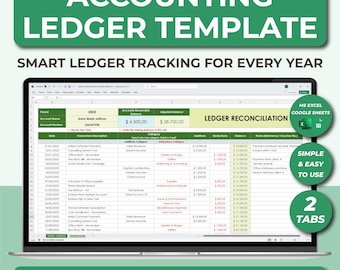 May include: A laptop screen displays an accounting ledger template. The green banner at the top reads "ACCOUNTING LEDGER TEMPLATE". The template includes sections for accounts, dates, and financial data. The text "SMART LEDGER TRACKING FOR EVERY YEAR" is also visible.