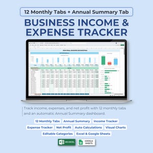 Pode incluir: Um laptop exibe um rastreador de receitas e despesas comerciais. A tela mostra uma planilha com gráficos e dados. O texto diz "12 Guias Mensais + Guia de Resumo Anual" e "RASTREADOR DE RECEITAS E DESPESAS COMERCIAIS".
