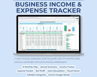 Annual Business Income and Expense Spreadsheet, Excel & Google Sheets, Profit Tracker Template, Monthly Transaction Log, Finance Template