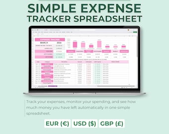 Simple Expense Tracker Excel Google Sheets, Monthly Spending Log, Budget Balance Calculator, Savings Goal Planner, Money Left Tracker