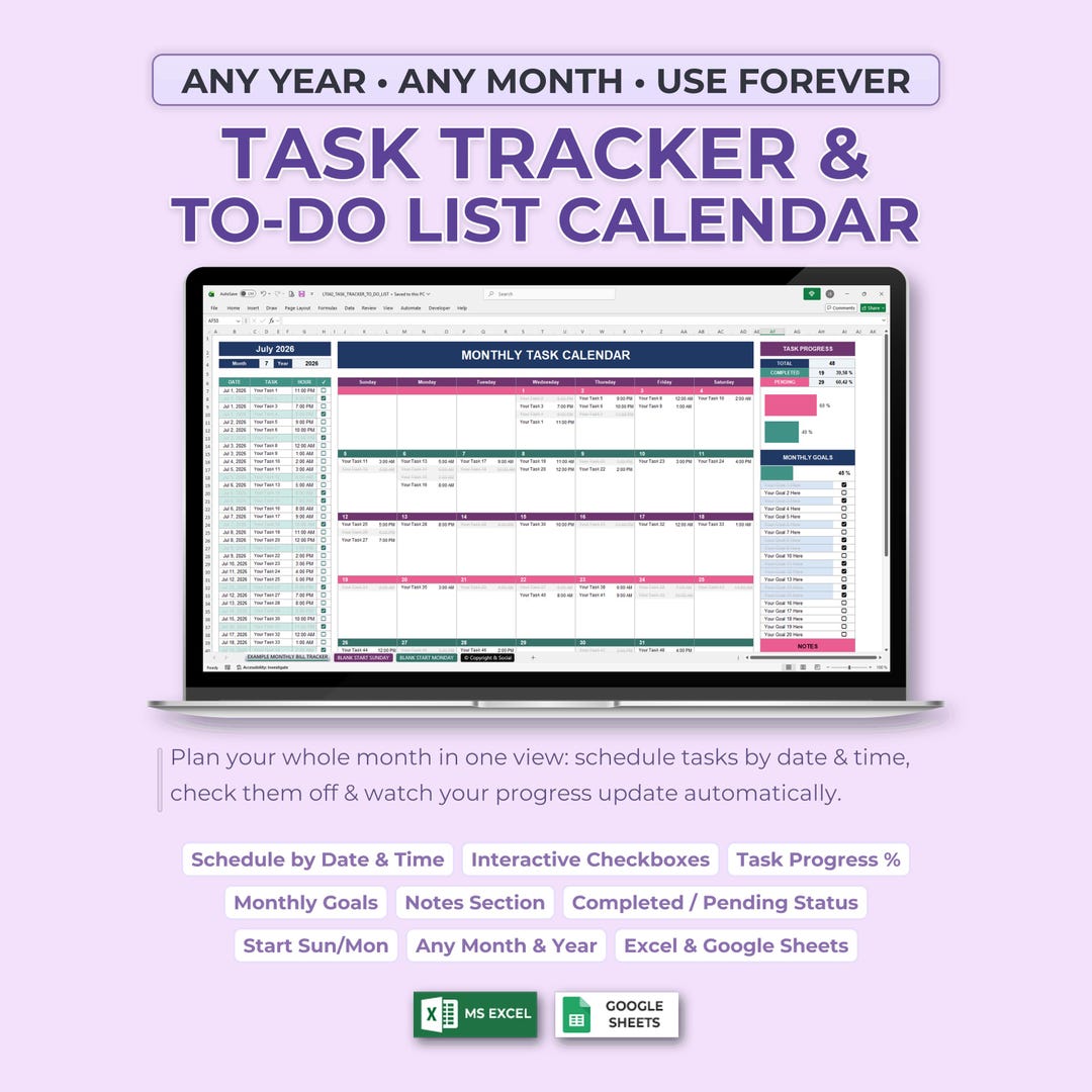 Monthly Task Calendar Template | To-do List & Task Tracker Spreadsheet ...