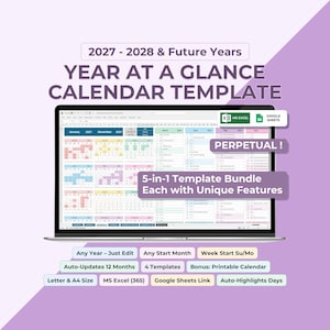 Op de afbeelding: Een digitale kalendersjabloon weergegeven op een laptopscherm, getiteld 2027-2028 & Future Years Year at a Glance Calendar Template. De interface toont maandelijkse roosters in pastelkleuren, compatibel met MS Excel en Google Sheets, met een 5-in-1 bundel, eeuwigdurende functionaliteit en diverse aanpassingsopties zoals automatische updates en printbare formaten.