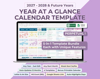 Smart Calendar Spreadsheet Template in Excel, Yearly Calendar Google Sheet, Year at Glance Excel, Schedule Calendar Template, Mini Calendar
