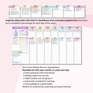 ADHD Weekly Planner Excel, Google Sheets Planner, Productivity Spreadsheet, Habit Tracker, To Do List, Focus Weekly Planner Template