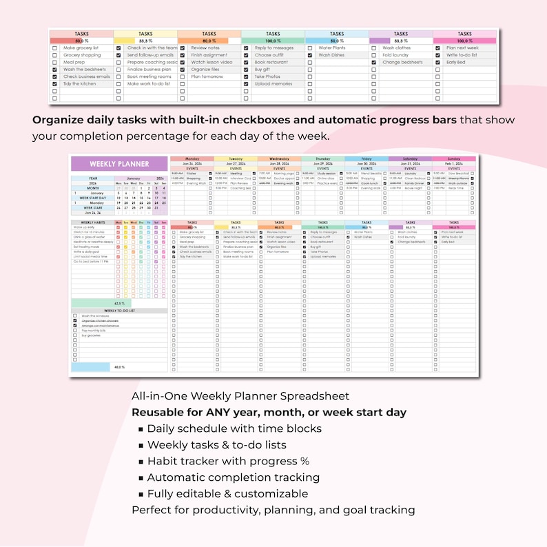 ADHD Weekly Planner Excel, Google Sheets Planner, Productivity Spreadsheet, Habit Tracker, To Do List, Focus Weekly Planner Template