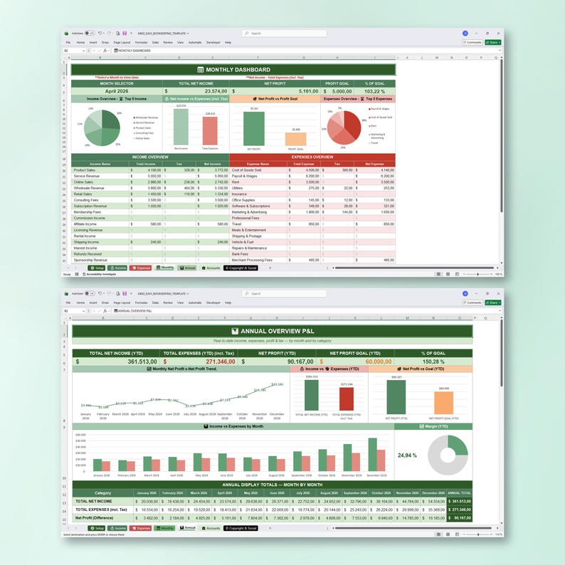 Small Business Bookkeeping Spreadsheet, Income Expense Tracker, Profit Dashboard, Sales Tax, Excel Budget Template, Annual Monthly Overview