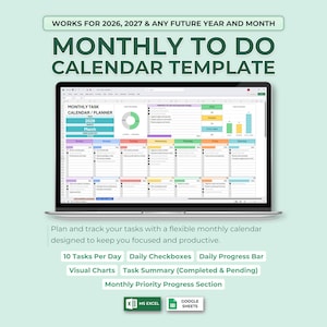 Könnte beinhalten: Ein Laptop zeigt eine monatliche To-Do-Kalendervorlage. Der Bildschirm zeigt eine Tabelle mit Abschnitten für Aufgaben, Fortschritte und Diagramme. Der Text enthält "Monatliche To-Do-Kalendervorlage", "10 Aufgaben pro Tag" und "MS Excel."