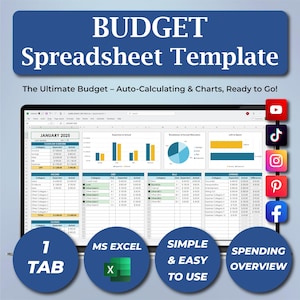 Może przedstawiać: Ekran komputera wyświetla szablon arkusza kalkulacyjnego budżetu. Tytuł brzmi "BUDGET Spreadsheet Template". Szablon zawiera wykresy i tabele do śledzenia finansowego. Dodatkowy tekst to "The Ultimate Budget - Auto-Calculating & Charts, Ready to Go!" i "JANUARY 2025".