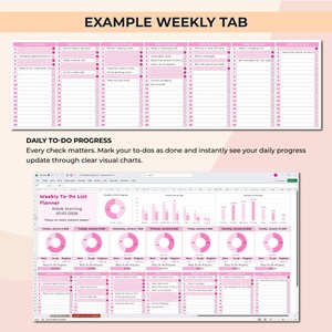 以下が含まれることがあります： ピンクと白の週間 ToDo リストプランナーで、上部に「Example Weekly Tab」というテキストがあります。 プランナーには、毎日の ToDo リストと進捗グラフが含まれています。 「Daily To-Do Progress」というテキストも表示されます。