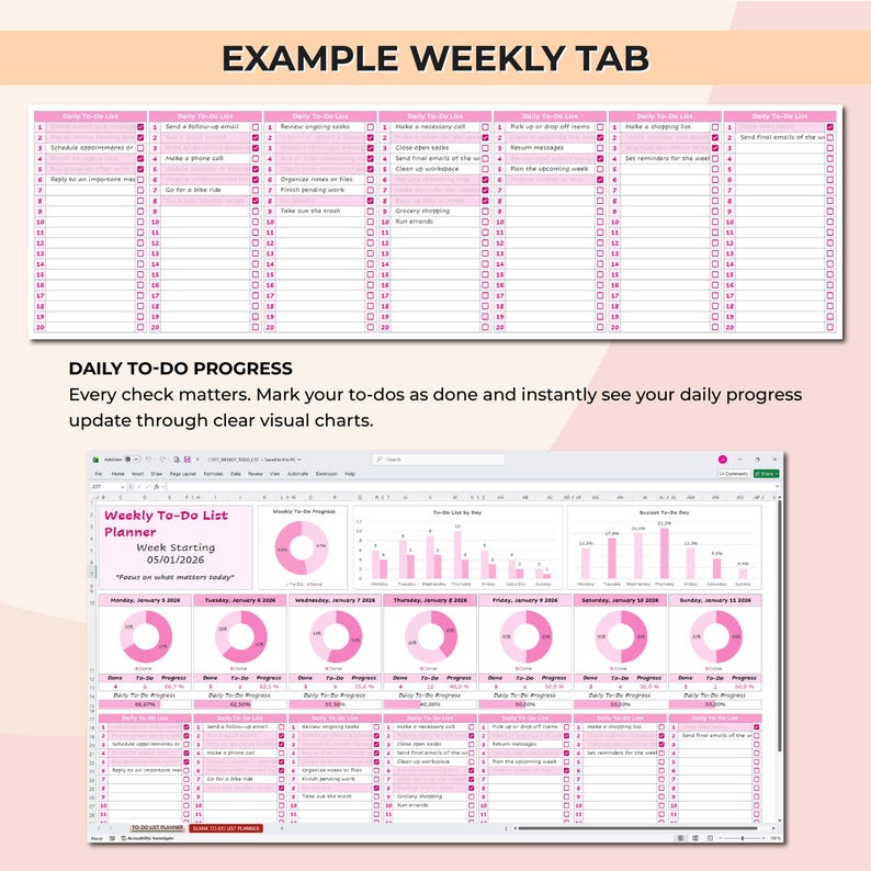 以下が含まれることがあります： ピンクと白の週間 ToDo リストプランナーで、上部に「Example Weekly Tab」というテキストがあります。 プランナーには、毎日の ToDo リストと進捗グラフが含まれています。 「Daily To-Do Progress」というテキストも表示されます。