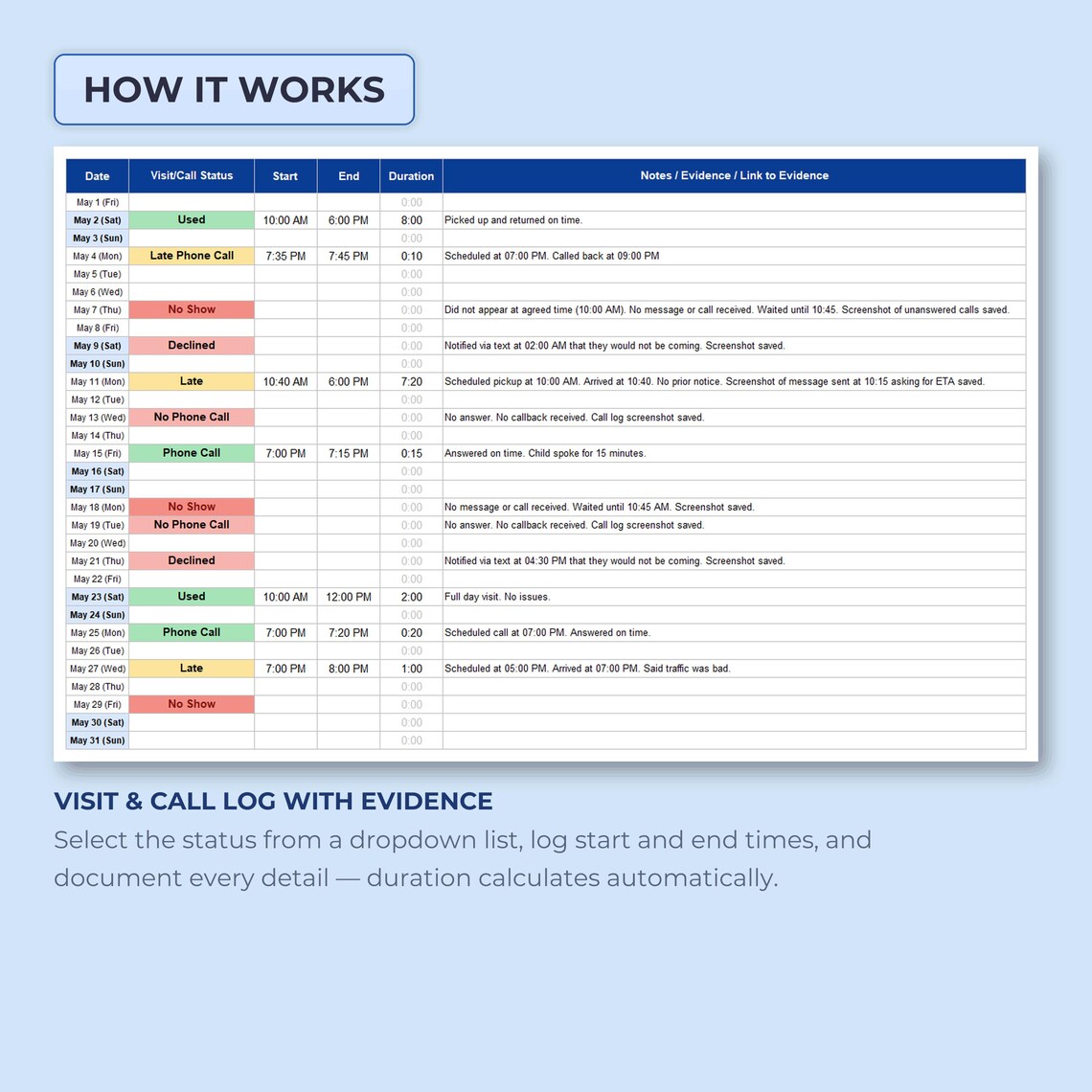 Co-parenting Tracker & Evidence Log — Visit Schedule, Phone Calls ...