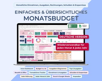 Haushaltsbuch Excel & Google Sheets | Monatsbudget Vorlage, Finanzplaner zum Geld sparen