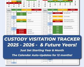 Custody Tracker, Coparenting Calendar, Child Custody Planner, Coparenting Visitation Tracker, Custody Calendar, Visitation Calendar Template