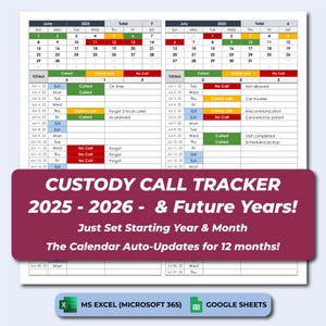 Custody Call Tracker 2025-2026 | Co Parenting Planner Excel & Google Sheets | Coparenting Schedule Calendar | Child Support Log