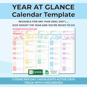 Puede incluir: Un "Plantilla de calendario anual" colorido con el texto "Reutilizable para cualquier año 2026 | 2027 | ... Simplemente ajuste el año y estará listo." El calendario incluye secciones para la planificación anual y mensual, con casillas de verificación.