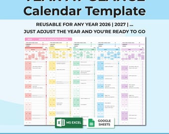 Annual Organizer Spreadsheet Excel Google Sheets, Year Planner 2026 2027, Task, Goal & Schedule Tracker, Reusable Yearly Calendar Template