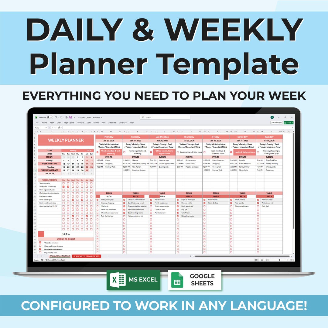 Weekly Planner Excel & Google Sheets Template, Productivity Planner ...