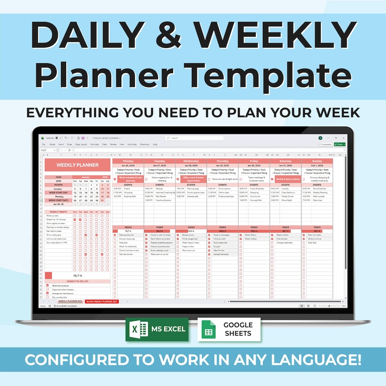Weekly Planner Excel & Google Sheets Template, Productivity Planner