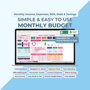 May include: A digital monthly budget spreadsheet template displayed on a laptop screen. The interface features sections for income, expenses, bills, debt, and savings with charts and tables. Text includes Monthly Income, Expenses, Bills, Debt & Savings.