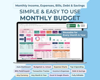 Budget Spreadsheet Excel & Google Sheets | Monthly Income Expense Tracker, Bill Debt Savings Dashboard