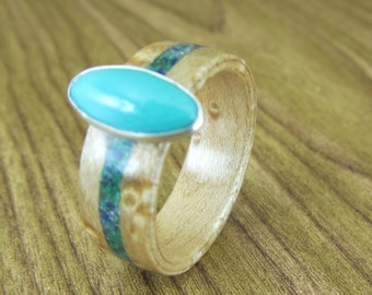 Bentwood Ring, Birdseye with Oval Turquoise Stone, Sterling Silver Bezel & Crushed Lapis lazuli Inlay, Sterling Silver Ring, Turquoise Ring,