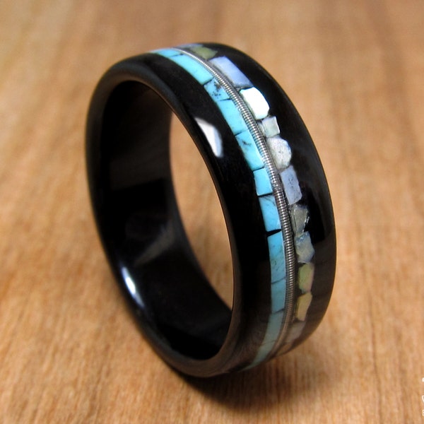 Wedding Ring, Anniversary Ring, Engagement Ring, Bentwood Ring, Turquoise Ring, Silver Ring,  Ebony Ring, Mother of Pearl, Guitar String,