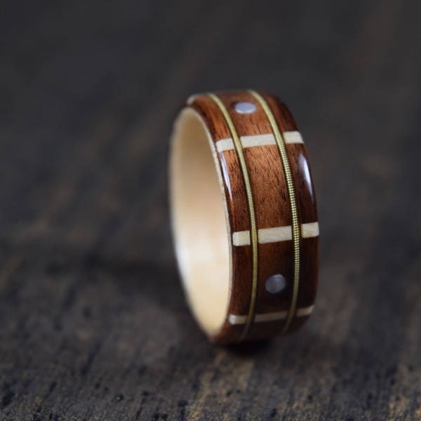 The Guitar Player Bent Wood Ring Handcrafted from Brazilian Rosewood, Guitar Strings and Mother of Pearl. Bentwood Ring, Wedding Ring