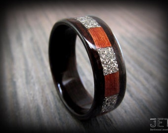 Macassar Ebony Ring, with All Around Bubinga & Silver Glass Inlay, Bentwood Ring, Wooden Ring, Custom Ring, Silver Glass Ring, Wedding Ring